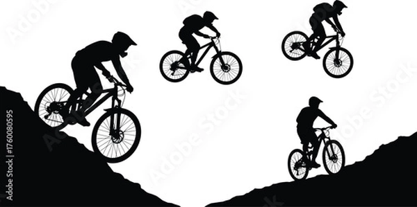 Fototapeta Mountain biker jumping across rugged terrain silhouette cartoon illustration, symbolic athletic motion and expressive gesture artwork for adventure design
