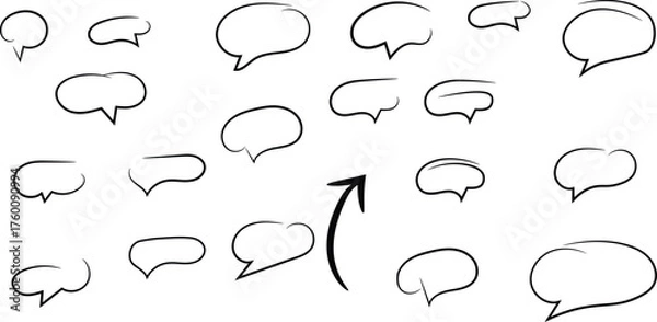 Obraz Hand drawn speech bubble icon set, doodle chat balloons, sketch message symbols, minimalist conversation design, vector ink illustration for comic or dialogue art