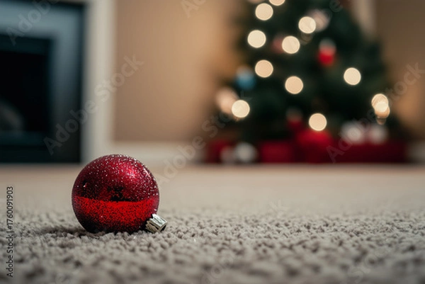 Fototapeta Reflective red Christmas ornament on carpet with blurred tree in background