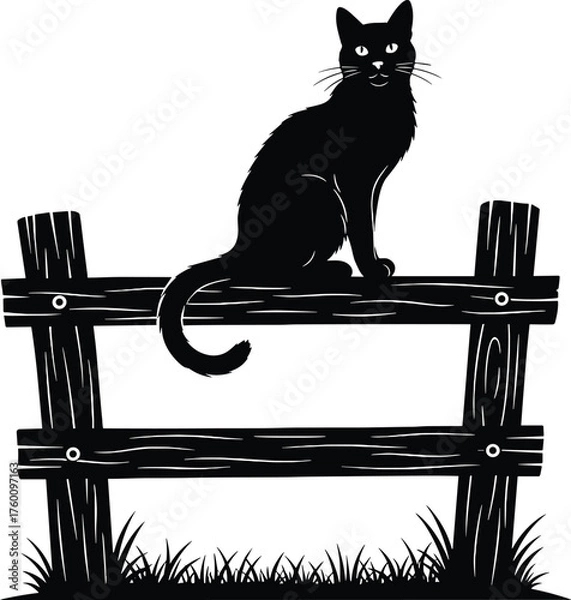 Fototapeta Silhouette of a black cat perched regally atop a rustic wooden fence at night