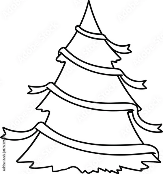 Fototapeta Simple black and white outline drawing of a decorated christmas tree with ribbons