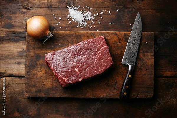 Fototapeta Juicy marbled beef steak on a rustic wooden cutting board with Japanese knife and onion