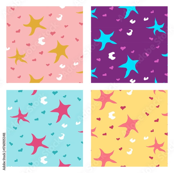 Obraz Colorful Star and Heart Seamless Patterns Cute Abstract Background Set