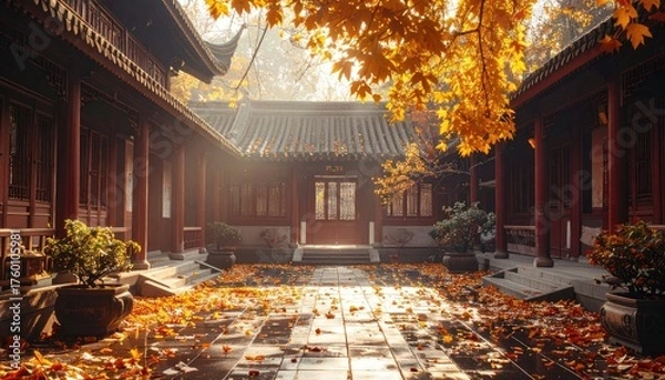 Fototapeta Golden Autumn Courtyard With Traditional Architecture And Falling Leaves Bathed In Soft Sunlight