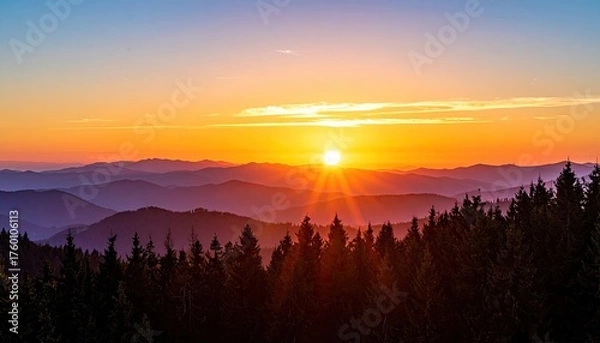 Fototapeta Golden Hour Sunset Over Forested Hills With Sunburst Effect And Orange Sky