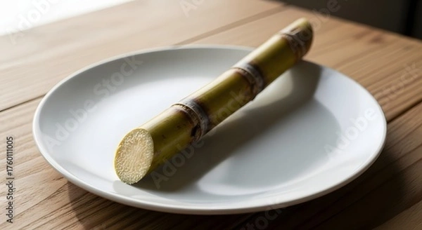 Obraz Sugarcane stalk on a white plate on a wooden table