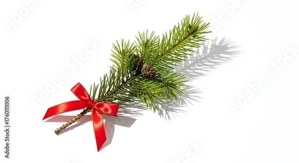 Obraz Evergreen branch with pine cone and red ribbon festive decoration isolated on white