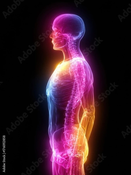Fototapeta A stunning visual of a human figure reveals the skeletal and muscular system illuminated in vibrant colors, providing a unique perspective on human anatomy.