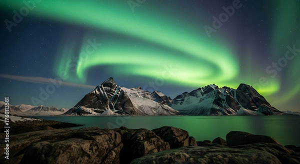 Fototapeta Northern Lights Aurora Borealis Over Snow Capped Mountains Arctic Landscape Scenic Display
