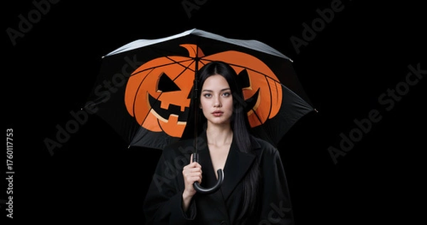 Fototapeta Woman Holding Black Umbrella with Halloween Pumpkin Design on Black Background with Copy Space