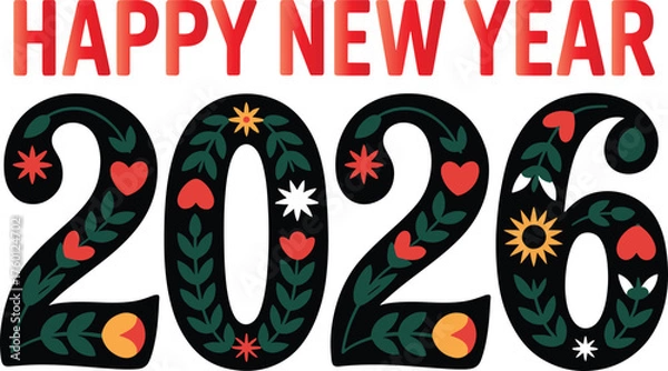 Fototapeta Happy New Year 2026 with Folk Art Floral Designs and Hearts