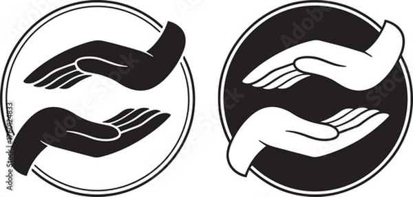 Fototapeta Two stylized hands in black and white circles, symbolizing care and support