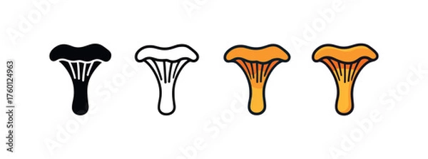 Fototapeta Vector icon mushroom chanterelle same pose same proportions four styles black solid glyph outline minimal flat multicolor filled cartoon flat shaded.
