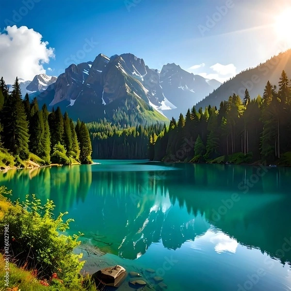 Obraz Serene landscape; teal lake bordered by green trees and snow-capped mountains