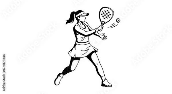 Fototapeta Female padel player in action, hitting the ball with a racket, black and white illustration
