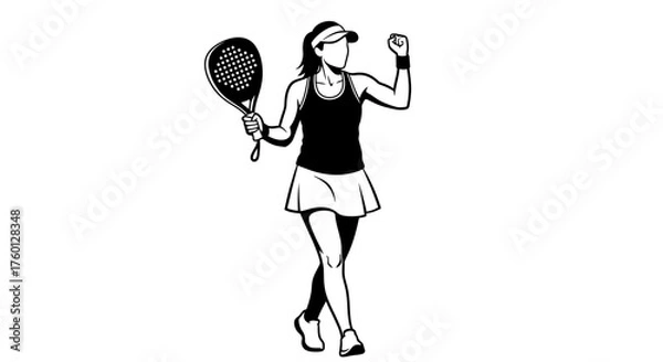 Fototapeta Victorious female padel player celebrating a point with a triumphant fist pump. Dynamic black and white vector illustration of a woman athlete
