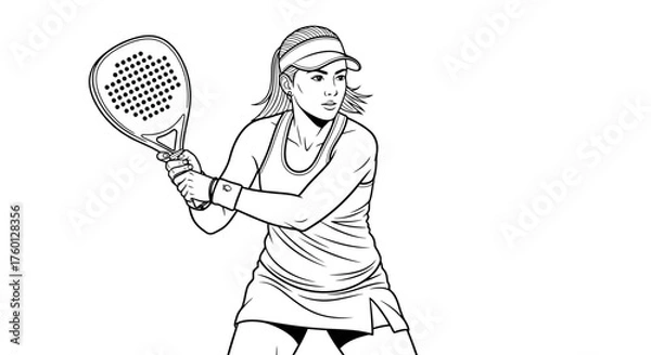 Fototapeta Focused woman athlete with a racket playing padel, depicted in a clean black and white line art style