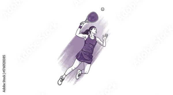 Fototapeta Dynamic and energetic illustration of a female tennis player leaping in mid-air to hit a powerful forehand shot, showcasing athletic skill and passion for the sport with a modern graphic design