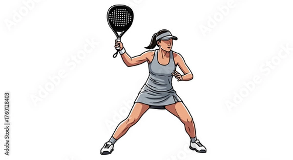 Fototapeta Illustration of a woman playing tennis in a gray outfit, preparing to hit the ball with a racket