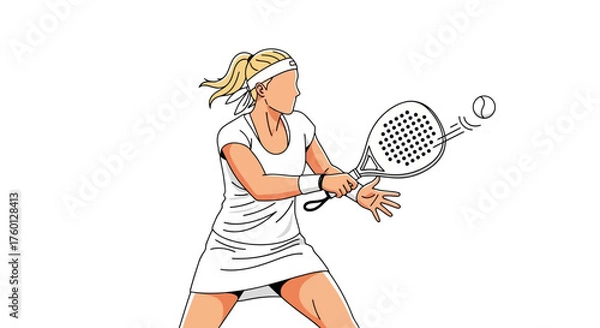 Fototapeta Dynamic illustration of a female athlete playing a modern racket sport, skillfully hitting the ball with her padel racket during an intense match. This graphic depicts competitive action