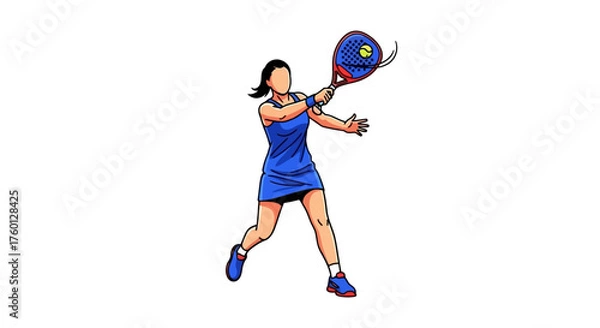 Fototapeta Dynamic illustration of a woman athlete in a blue uniform playing padel on an isolated white background
