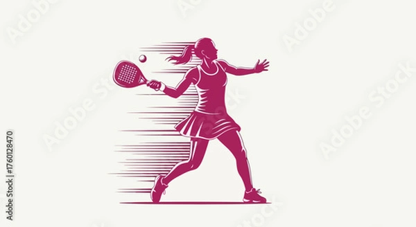 Fototapeta Dynamic vector illustration of a female athlete in action, swinging a padel racket with a powerful forehand shot and motion effects