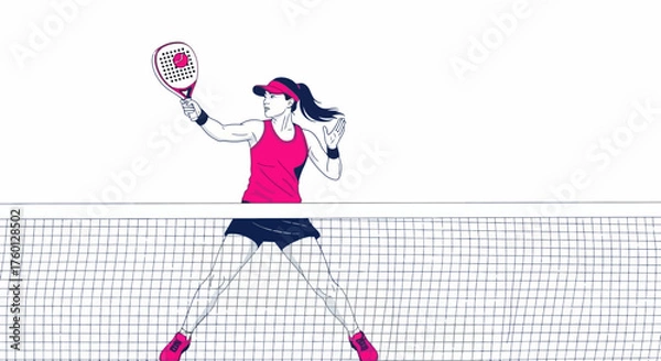 Fototapeta Energetic vector graphic featuring a determined woman actively playing padel, mid-action with her racket, demonstrating agility and focus on the sports court