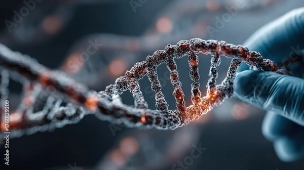 Obraz Close-up view of a gloved scientist holding a detailed digital rende of a DNA double helix strand with glowing elements in a laboratory setting emphasizing genetics and molecular biology research