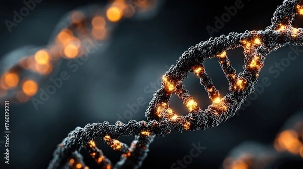 Obraz Close-up of a DNA double helix strand illuminated with glowing lights symbolizing genetic material and biological science research in a dark background