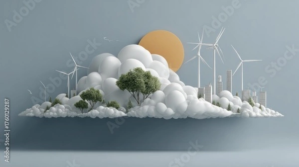 Obraz Eco-friendly futuristic sustainable cityscape with wind turbines solar panels lush greenery clouds and minimalistic design on a soft blue background