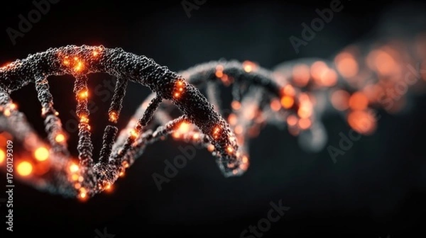 Obraz Close-up of a glowing DNA double helix strand with illuminated base pairs and a dark background representing genetic science and molecular biology research