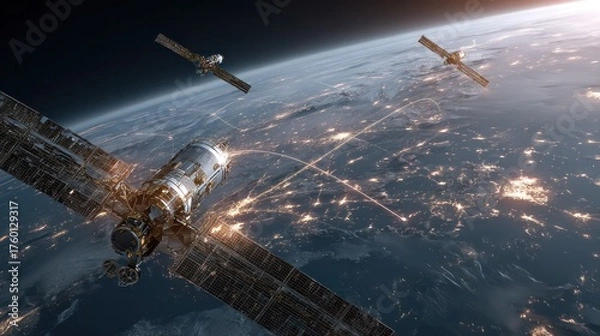 Obraz A detailed view of a large modern satellite with solar panels orbiting above the Earth with city lights visible at night, showcasing space technology and satellite communication