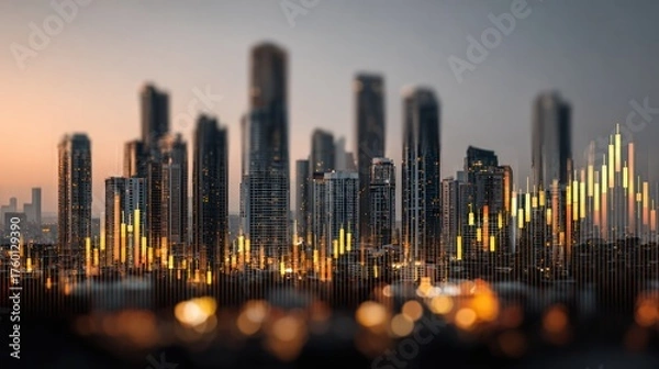 Obraz Modern city skyline du twilight with illuminated skyscrapers and colorful financial graph overlay representing urban growth and economic trends