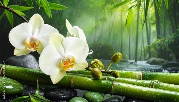 Obraz Serene scene White orchids, bamboo, and river. A natural, peaceful ambiance