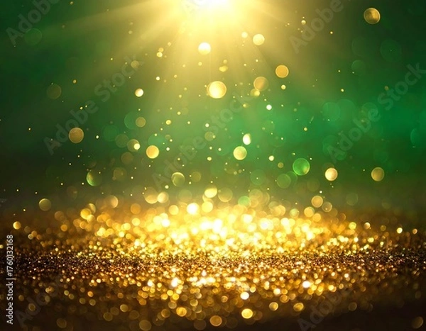 Obraz Shimmering light shines on golden glitter particles against a green backdrop