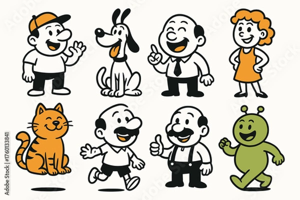 Obraz Collection of cartoon characters including people pets and an alien in a playful retro style