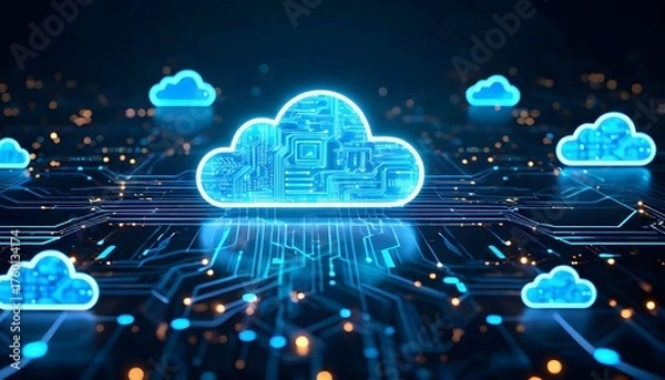 Fototapeta Digital cloud computing concept with glowing circuit board design, representing data storage.