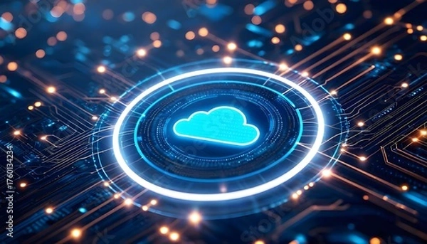 Fototapeta Abstract digital illustration of a glowing blue cloud icon surrounded by circuitry and bokeh lights, representing cloud computing and technology.