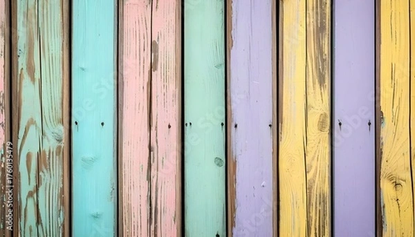Fototapeta A close-up shot of a weathered wooden fence painted in pastel colors.