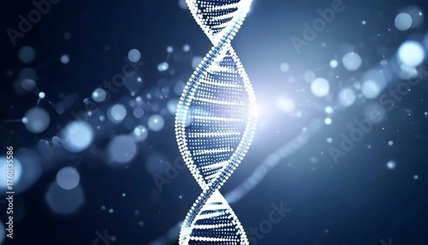 Fototapeta Abstract glowing DNA double helix structure with light particles on a dark blue background, representing genetics and biotechnology.