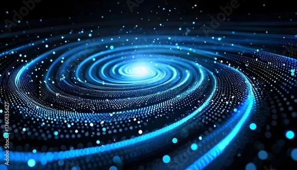 Fototapeta Abstract digital vortex of glowing blue particles and light, resembling a cosmic galaxy or data flow in a dark, infinite space.