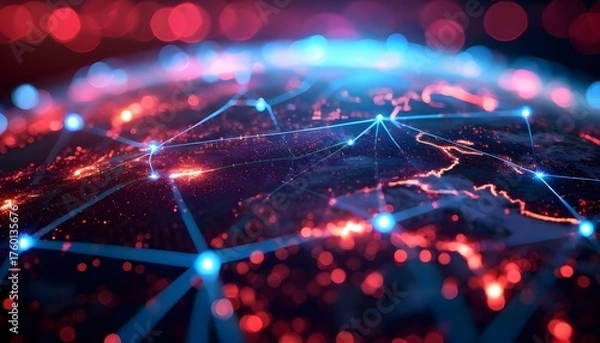 Fototapeta Abstract global network with glowing blue connections and red illuminated landmasses, symbolizing digital communication and technological advancement across the world.