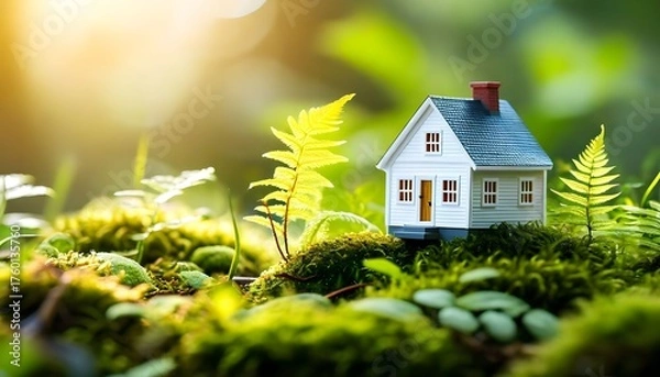 Fototapeta A miniature white house with a blue roof sits nestled in vibrant green moss and ferns, bathed in warm sunlight, symbolizing eco-friendly living and nature.