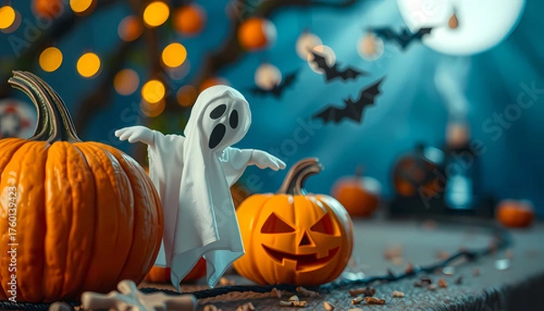 Fototapeta Spooky decoration scene with pumpkins and a ghost figure set for Halloween festivities at night Generative AI