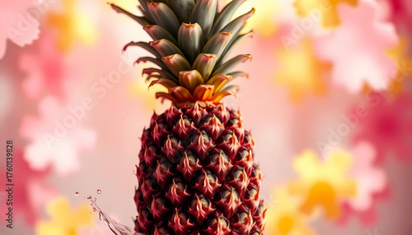 Fototapeta Juicy pineapple surrounded by vibrant flowers against a colorful background in a bright natural setting Generative AI