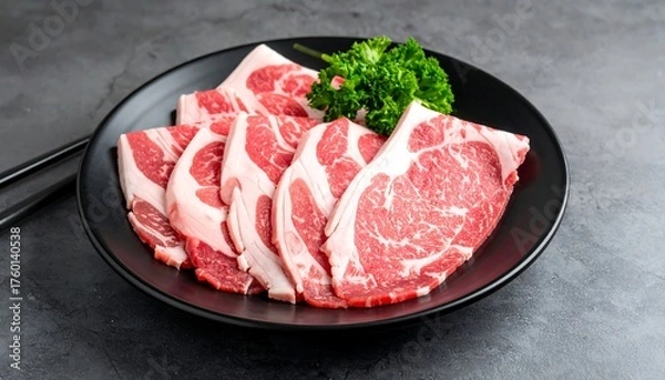 Obraz Sliced, raw marbled meat on a dark plate with parsley