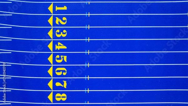 Obraz Aerial image of a new blue and yellow eight, 8, lane running track with white lane lines and other markings.	