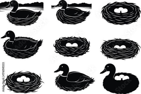 Obraz Duck and nest silhouette set showing egg-filled shelters, water scenes, sitting ducks, wildlife behavior, and nature-inspired avian compositions.