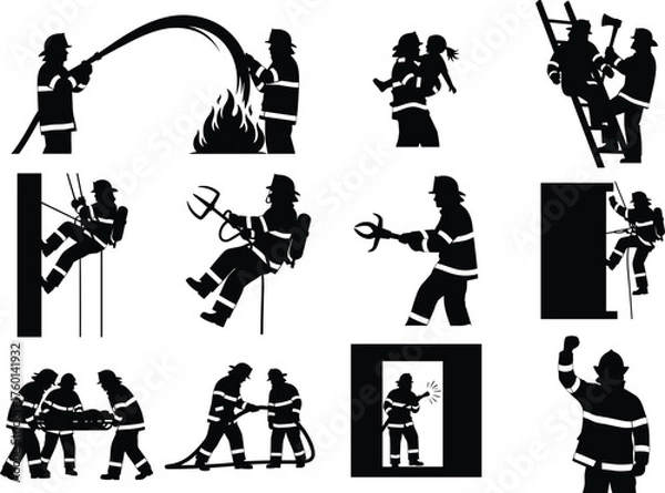 Obraz Firefighter rescue silhouettes showing emergency response, teamwork, bravery, fire safety, building evacuation, stretcher carry, ladder climb, and heroic actions