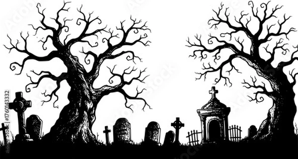 Obraz Sketch Scary forest or cemetery silhouettes isolated